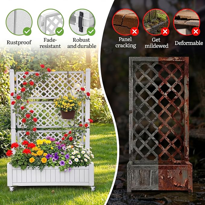 YITAHOME 43.3x17.7x61 in Planter Boxes Outdoor with Trellis, Resin Raised Garden Bed with Wheels & Drain Plug for Climbing Plants, Weather-Resistant Design Elevated Garden Bed with Trellis, White