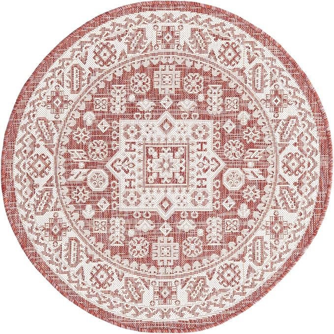 Unique Loom Outdoor Aztec Collection Area Rug - Chalca (3' 3" Round, Rust Red/ Ivory)