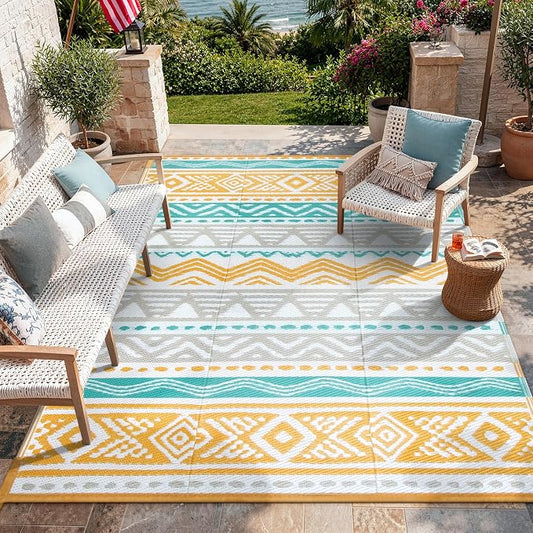 Lahome Outdoor Rugs 8x10 Waterproof, Reversible Outdoor Plastic Straw Rug for Camping Patio, RV Outdoor Rugs Outside, Outdoor Carpet for Porch Deck Backyard Picnic(Blue/Yellow,8'x 10')