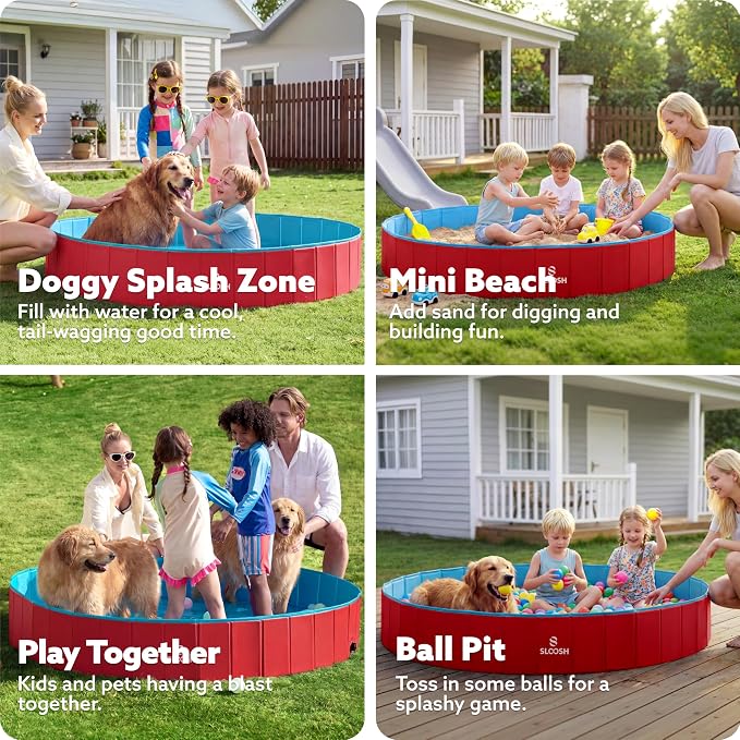 Sloosh Foldable Dog Pool - Portable Hard Plastic Doggie Swimming Pool, Anti-Slip Collapsible Pets Bath Tub Suitable for Indoor Outdoor Backyard Use (Red, 71" x 12")