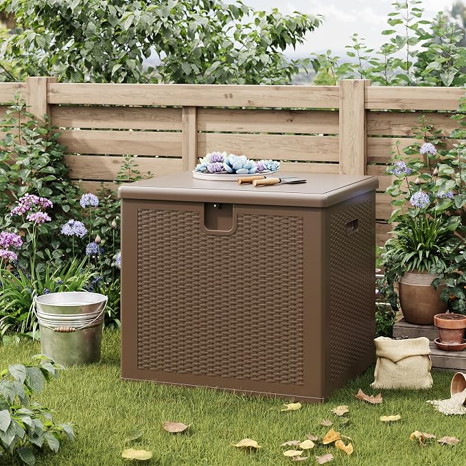 IDEALHOUSE 80 Gallon Resin Deck Box, Waterproof Outdoor Storage Box with Lockable Lid & UV Resistant, Patio Furniture Cushion Storage Container for Garden, Backyard, Poolside (Brown)