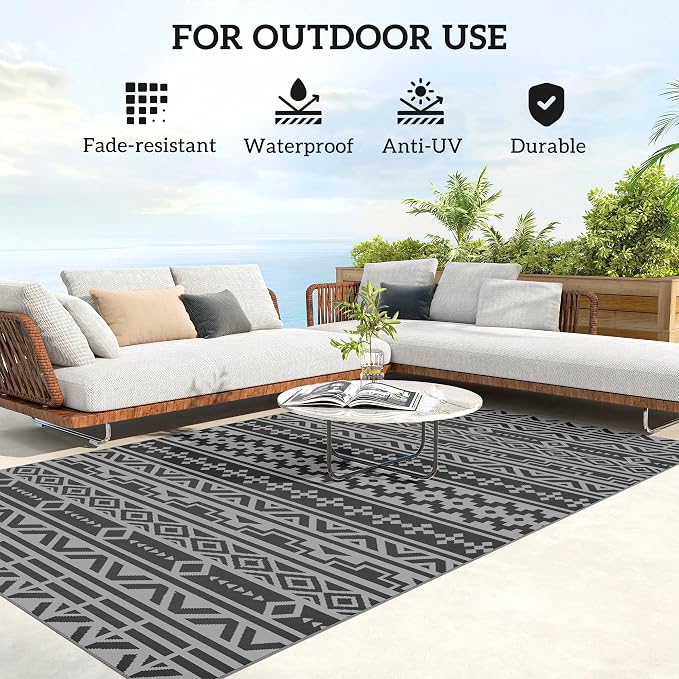Outsunny Outdoor Rug for Patio, 6' x 9' Waterproof Large Mat, Reversible Plastic Straw Rug for Decor, Portable Outside RV Camping Area Carpet Mat for Backyard Porch Deck Picnic, Black Gray Geometric