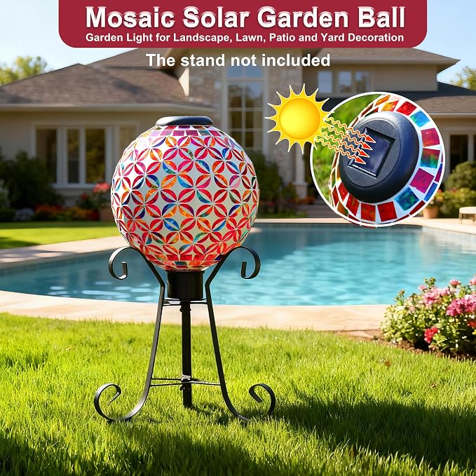 SAVENNA Mosaic Solar Gazing Ball 10 Inch, Glass Garden Globe with Auto On/Off for Yard, Lawn & Outdoor Decor, Multicolor Geometric
