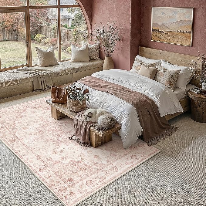 6x9 Pink Neutral Area Rug | Washable, Non Slip, Soft Low Pile, Vintage Farmhouse, for Living Room Bedroom Dining Room Office Indoor Home Decor