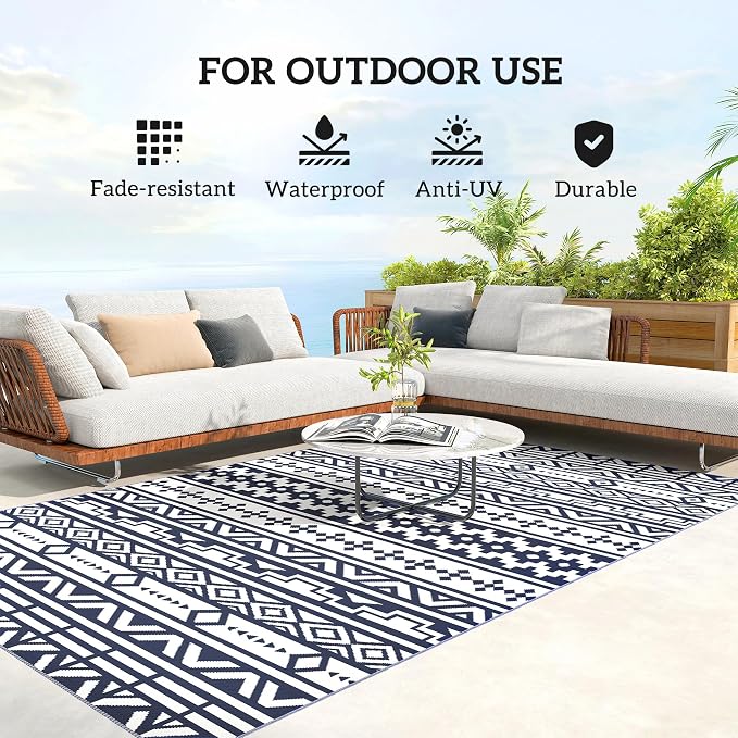 Outsunny Outdoor Rug for Patio, 6' x 9' Waterproof Large Mat, Reversible Plastic Straw Rug for Decor, Portable Outside RV Camping Area Carpet Mat for Backyard Porch Deck Picnic, Blue & White Geometric