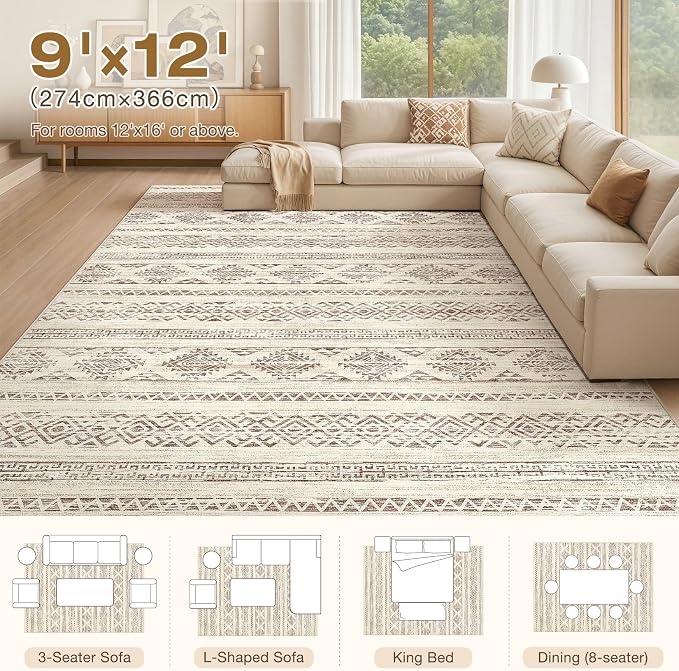 Tortania Area Rug Living Room Rugs - 9x12 Washable Large Soft Neutral Boho Moroccan Bohemian Farmhouse Rug Indoor Floor Carpet for Bedroom Under Dining Table Home Office Decor - Brown