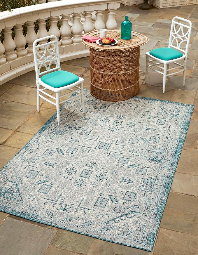 Unique Loom Outdoor Aztec Collection Area Rug - Coba (7' 1" x 10' Rectangle, Teal/ Ivory)