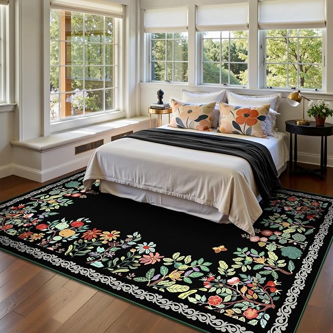 5x7 Area Rugs, Ultra-Thin Soft Rugs for Bedroom, Indoor Non-Slip Washable Rug for Living Room, Dining Room, Low Pile Home Decor Floral Rug(Black)