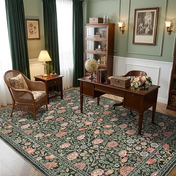 GarveeHome Dark Green Floral Washable Rug 5x7 for Bedroom Living Room | Nursery Dorm Office Rug Vintage Boho Rugs Low-Pile Non-Slip Stain Resistant TPE Backing