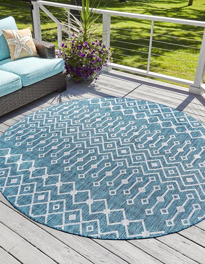 Unique Loom Outdoor Trellis Collection Area Rug - Tribal Trellis (3' 3" Round, Teal/ Ivory)