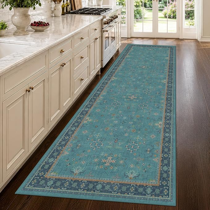 Teal 10ft Long Hallway Runner Rug - 3 x 10 Runner Rug, Boho Washable 3x10 Kitchen Floor Mat - Vintage Eclectic Boho Design Décor