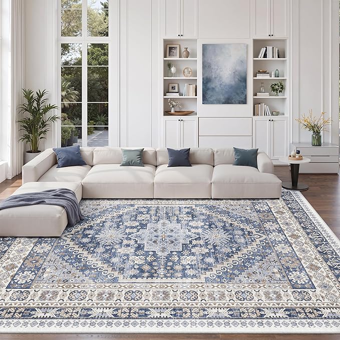 8x10 Area Rugs for Living Room,Large Washable Rug,Blue | Rugs for Bedroom,Dining Room,Office,Low Pile,Soft, Vintage Rug,Stain Resistant Indoor Carpet,Non Slip,Home Decor