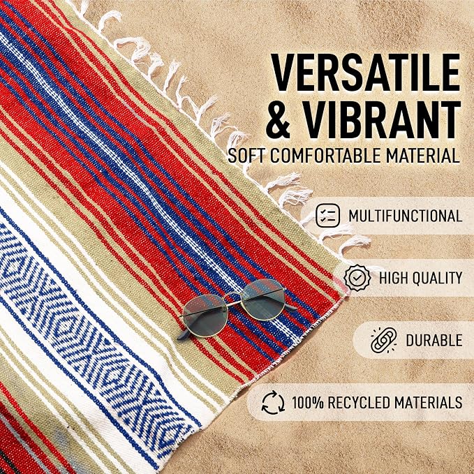 Hydration Nation Authentic Large Handwoven Mexican Striped Throw Blanket - Soft, Durable, Eco-Friendly - 70"x50" – Sunrise