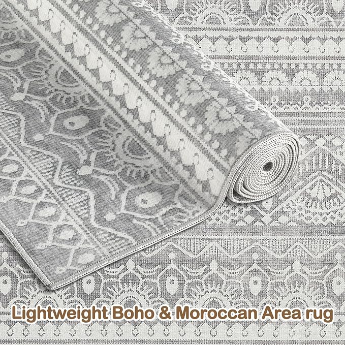 Tortania Area Rug Living Room Rugs - 5x8 Washable Large Soft Neutral Boho Moroccan Bohemian Farmhouse Rug Indoor Floor Carpet for Bedroom Under Dining Table Home Office Decor - Neutral Grey