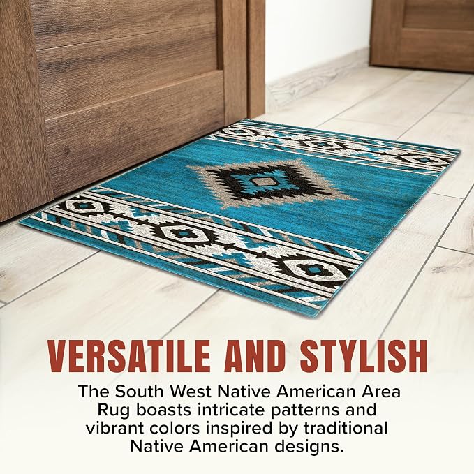 YHSF Southwestern Area Rug, Anti Static & Washable, Blue Lightning, 2ftx3ft | Soft Native American Tribal Floor Rugs for Living Room, Bedroom, Hallways, and More - Easy-to-Clean Home Decors