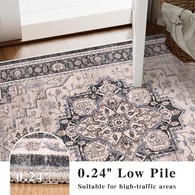 5x7 Area Rug for Living Room Soft Washable Vintage Boho Area Rug | Non-Slip Retro Print Low Pile Stain Resistant Soft Washable Distressed Indoor Rug for Bedroom Dining Room Nursery Office