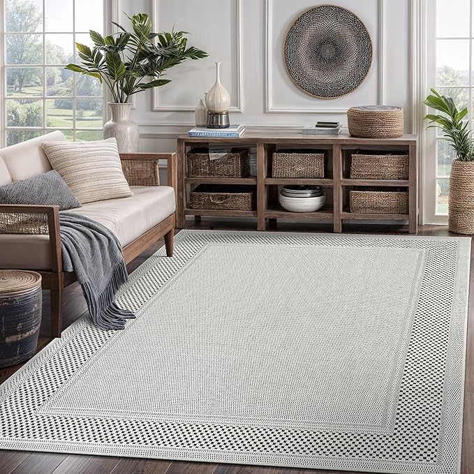 CAMILSON Easy Jute Rug 6x9, Indoor Outdoor Off-White Color Fiber Area Rugs for Entry, Living Room and Farmhouse Rug, Bordered Boho Woven Design, Easy-Cleaning, Washable Outside Carpet (6 x 9)