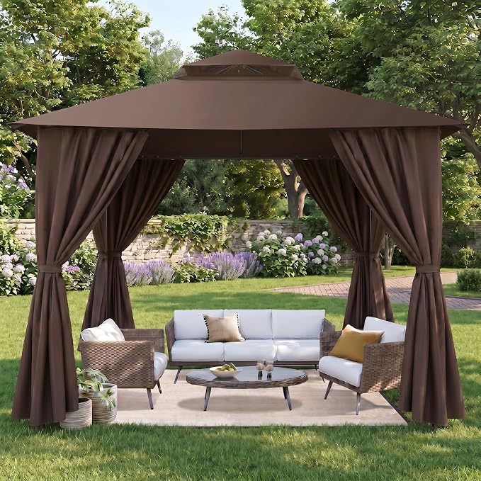 COBIZI 10x10 Gazebo with Double Roof & Mosquito Netting Outdoor Heavy-Duty Party Tent, Patio Tent with Zipper Screens - Backyard Garden Lawn Shelter Includes Wind Ropes Expansion Bolts, Brown