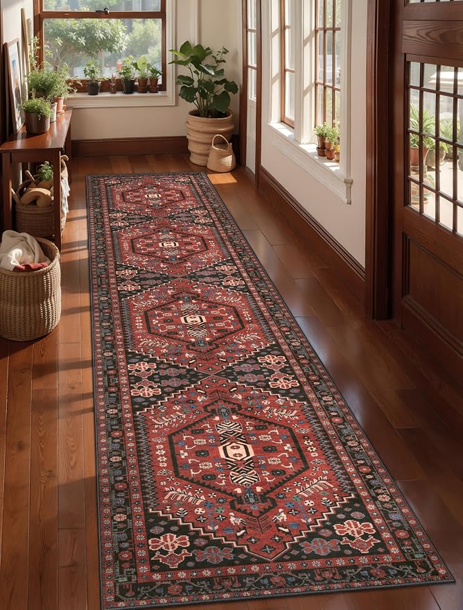 Ciicool 2x10ft Long Hallway Runner Rug,Thin Washable Carpet for Bedroom | Ultra Soft Vintage Oriental Red/black Entry Boho Area Rugs for Entrance Bedside Living Room Kitchen Laundry Room Bathroom