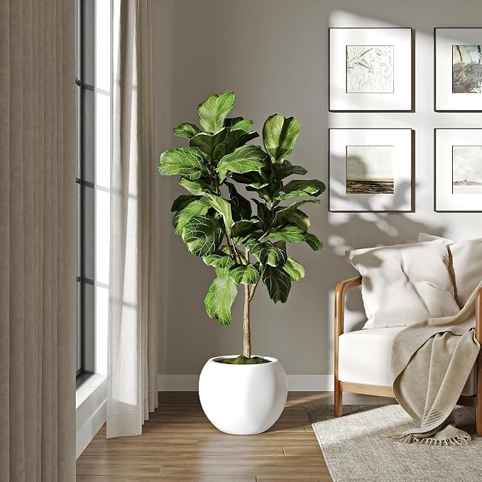 DTY Fiberstone Sphere Planter for Olive Trees, Large Round Globe Planter Indoor Outdoor, White, 70% Lighter Than Stone, Drainage Hole, 2 Coco Mats Included, Medium 16.1" D x 13.6" H