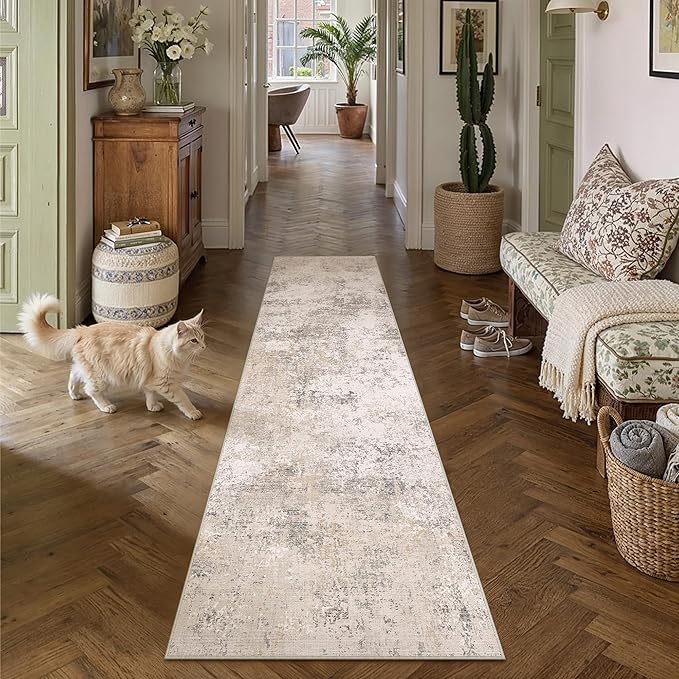 2x8 Beige Modern Abstract Washable Runner Rug for Hallway | Low Pile, Non Slip, Modern Abstract Style, Soft Long Hallway Runner for Kitchen, Entryway, Laundry, Bedroom, Home Decor