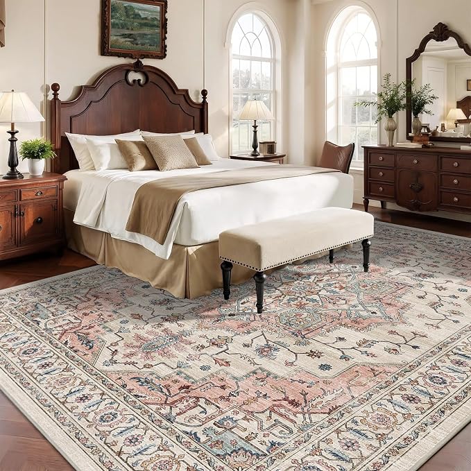 8x10 Area Rug for Living Room Large Washable Vintage Area Rug | Non-Slip, Retro Print, Low Pile, Stain Resistant Carpet, Ultral Soft, Beige Pink Indoor Rug, for Bedroom Dining Room Nursery