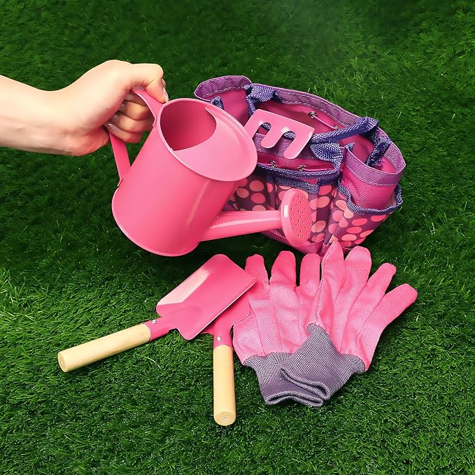 Kids Gardening Tools Set, Toddler Play Kit Child Outdoor Toy with Gloves, Watering Can, Metal Shovel, Rake, Spade & Storage Bag, Backyard Sand Digging Holiday Birthday Gift for Boy Girl 3 4 5 (Pink)