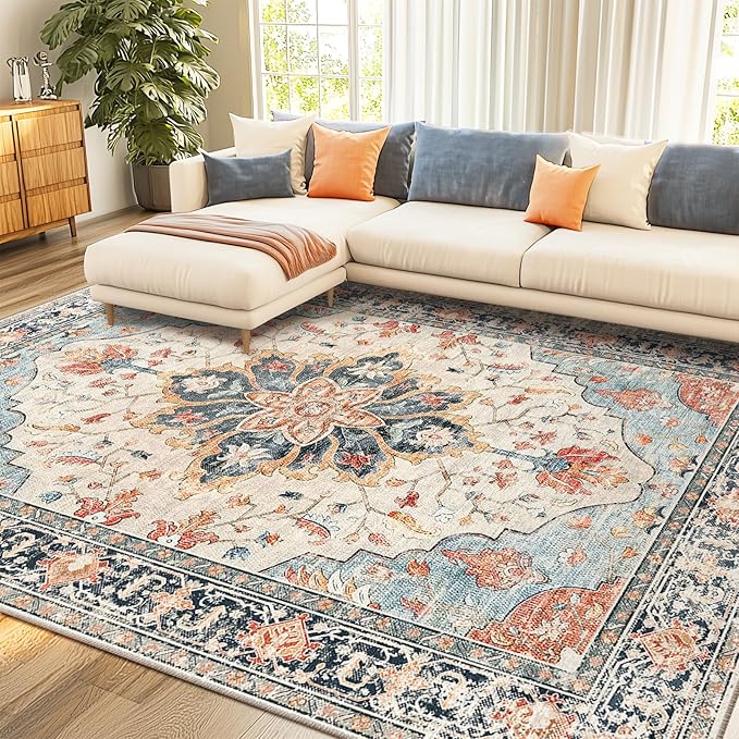 RELEANY Washable Area Rug, 7'x10', Beige/Blue/Orange | Non-Slip, Water Repellent, Pet Friendly, Easy to Clean, Vintage Floral Boho Decor for Living Room Bedroom Dining Room Office