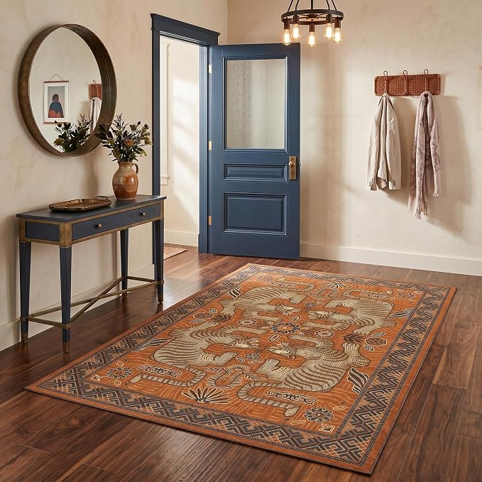 GarveeHome 3x5 Tiger Washable Rug Entryway Boho Bedroom Non Slip Vintage | Terracotta Rug Low Pile Tribal Animal Carpet Stain Resistant Throw Rug for Kitchen Dorm Kidss Room Office Dining Room