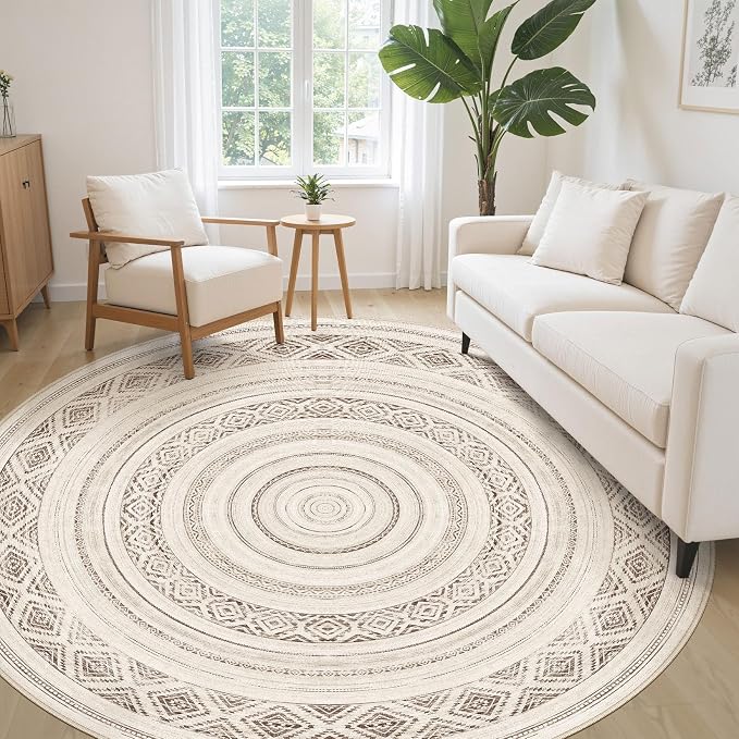 cotiled 8x8 Round Rug 8ft Circle Living Room Boho Area Rugs | Solve Modern Neutral Trendy Home Decor - Washable Foldable Indoor Carpet for Bedroom Home Office Dark Brown