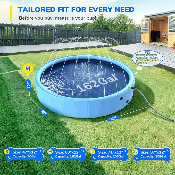 63'' Foldable Dog Pool, Sprinkler Pool for Kids, Non-Slip Heavy Duty Dogs Splash Pad for Small Dogs, Hard Plastic Kiddie Bathtubs for Backyard（2XL-162Gal）
