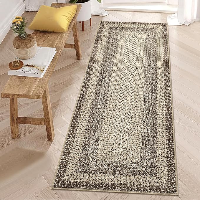 RUGSREAL Braided Print Runner Rug 2x8 Machine Washable Hallway Runner Rugs | Entryway Long Throw Carpet Non Slip Kitchen Mat Living Room Rustic Carpet for Bedroom Dining Room, Camel