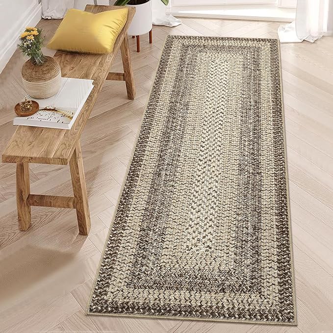 RUGSREAL Washable 2x10 Runner Rug for Hallway Kitchen Modern Runner Rugs | Long Runner Throw Carpet with Rubber Backing, Stain Resistant Braided Printed Entryway Carpet for Bedroom Living Room, Camel