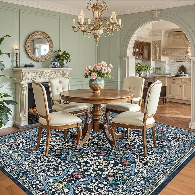GarveeHome Blue Floral 8x10 Washable Area Rug Living Room Bedroom | Vintage Stain Resistant Rugs for Large Room Low-Pile Non-Slip Carpet Soft Stain Resistant Botanical Boho Rug TPE Backing