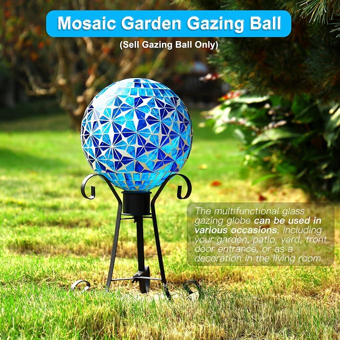 SAVENNA Mosaic Garden Gazing Ball 10 Inch, Glass Decorative Sphere for Indoor & Outdoor Garden, Patio, Home & Yard, Blue Geometric Star Pattern