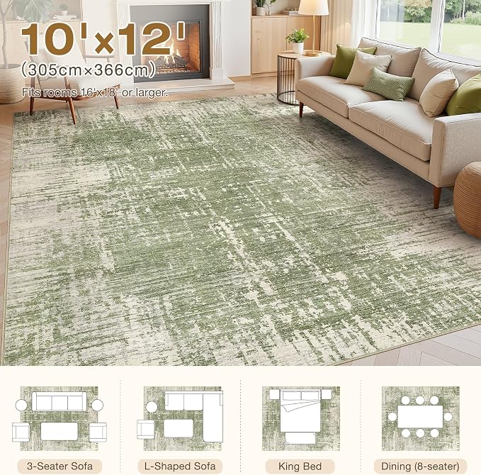 kakania Abstract 10x12 Area Rugs for Living Room: Washable Rugs Green | Soft, Non-Slip, Low-Pile, Pet & Kid Friendly - Large Modern Home Decor Carpet for Bedroom/Dining Room/Office/Nursery