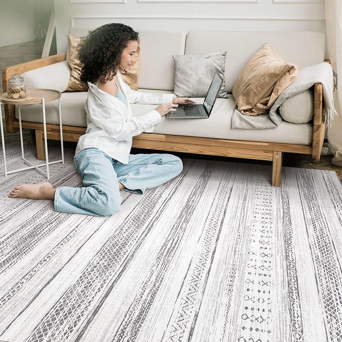 Area Rug Living Room Rugs - 10x14 Washable Large Soft Neutral Boho Moroccan Bohemian Farmhouse Rug Indoor Floor Carpet for Bedroom Under Dining Table Home Office Decor - Light Grey