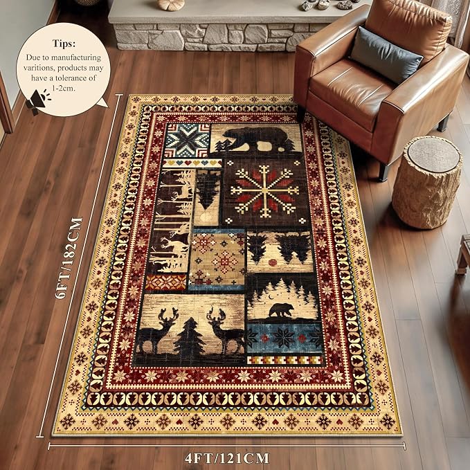 LOKHOM 4x6 Rustic Cabin Area Rug, Washable Western Lodge Bear Entryway Rug | Bear Pattern, Non-Slip, Low Pile, Soft Floor Carpet, Vintage Wildlife Accent, For Living Room Bedroom Nursery