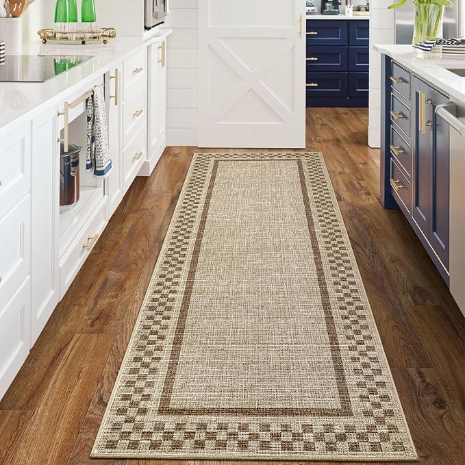 GarveeHome Rug Runners for Hallways 2x8 Washable Kitchen Runner Rug | Non Slip Low Pile Throw Carpet Modern Bordered Bathroom Checkered Area Rug for Living Room Bedroom Entryway Nursery, Taupe