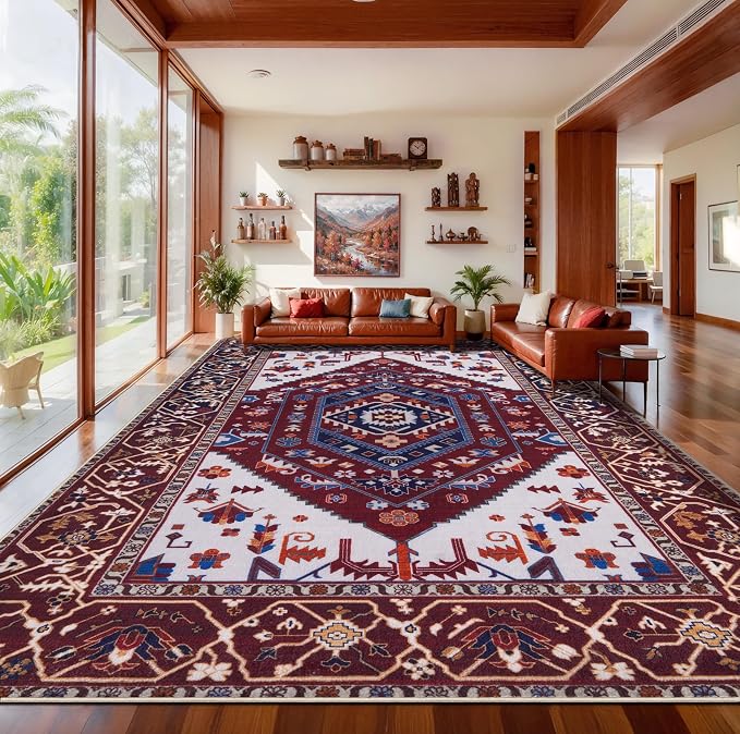 SERISSA 9x12 Washable Non Slip Boho Area Rug for Living Room | Ultra Soft Vintage Oriental Carpet Low-Pile Burgundy Navy Throw Carpet for Dining Room Bedroom Dorm Office Home Decor