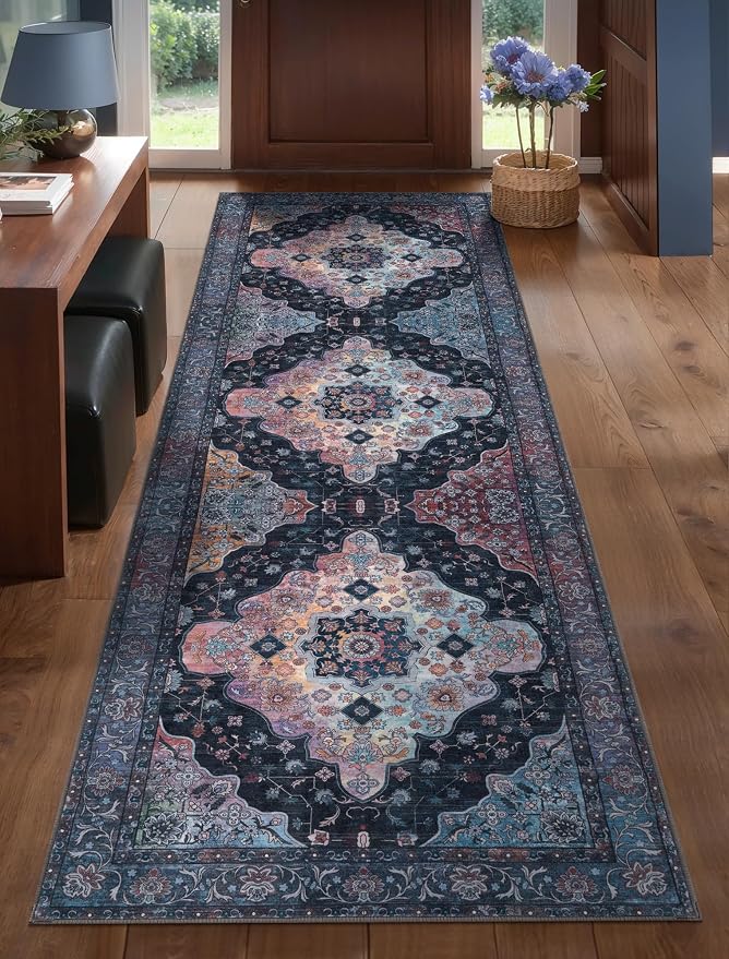 Tangsoo 2.6x8 Washable Hallway Runner Rugs, Non Slip Vintage Runners Rug | Oriental Soft Low Pile Long Runner Rug, Boho Carpet Runners for Hallway Kitchen Bedroom Entryway Bathroom Navy/Multi Decor
