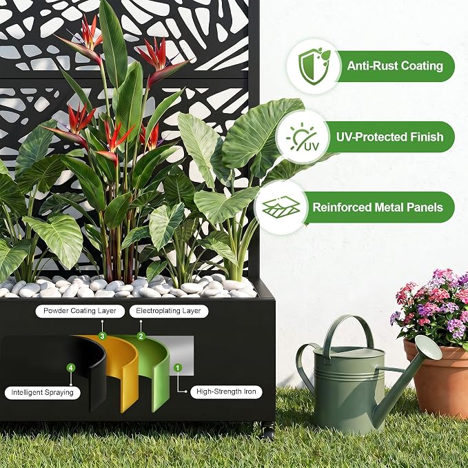 Casaphoria Metal Raised Garden Bed with Trellis and Wheels, 72"x47"x16" Planter Box for Climbing Plants, Vegetables & Vines, Features Drainage Holes and Privacy Screen (Black-Net)