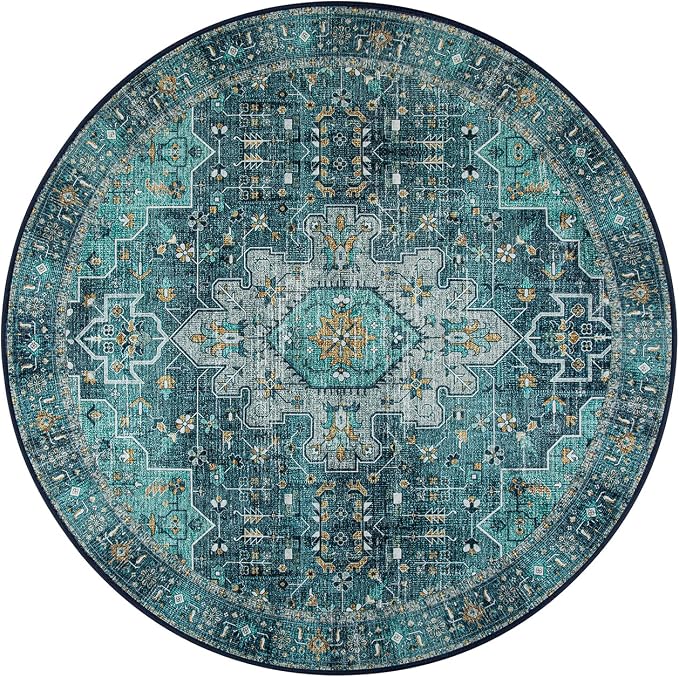 Moynesa Ultra-Thin Washable Round Rug - 4ft Oriental Circle Area Rugs for Bedroom Entryway, Teal Vintage Non Slip Non Shedding Low Pile Carpet for Living Room Coffee Table Kitchen