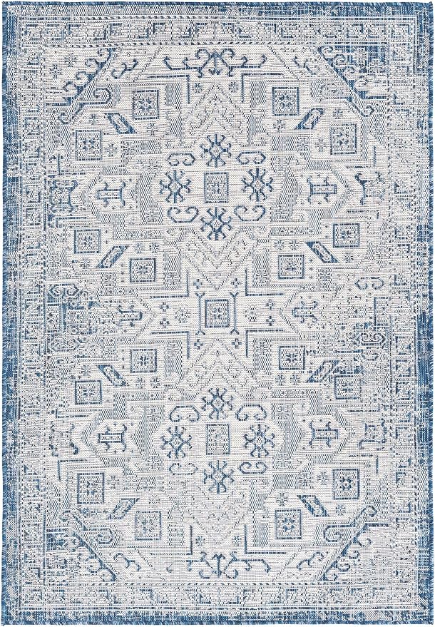 Unique Loom Outdoor Aztec Collection Area Rug - Coba (4' 1" x 6' 1" Rectangle, Blue/ Ivory)