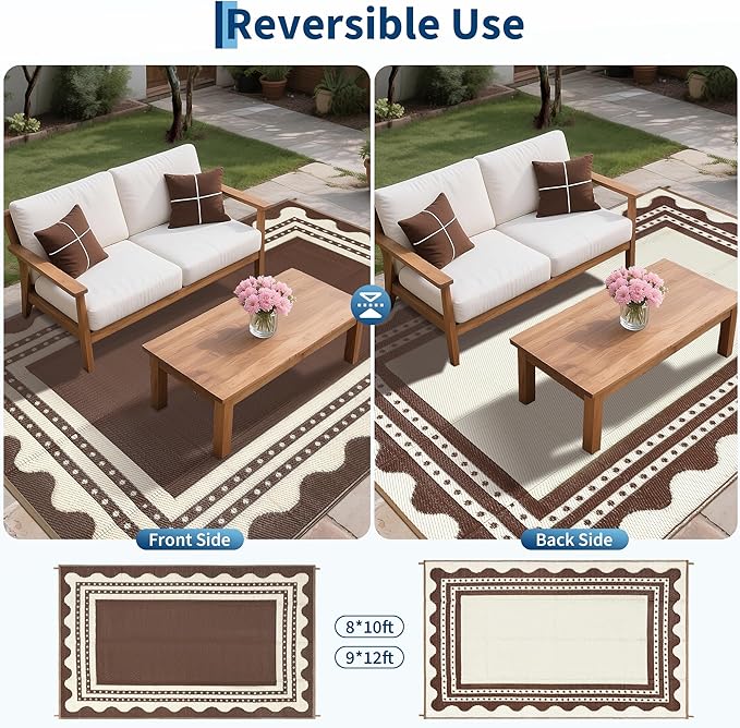IDEALHOUSE Waterproof Outdoor Rug 8x10 for Patio, Reversible Modern Area Rug, Large Plastic Straw Mat for Camping, RV, Porch, Backyard, Deck, Picnic, Beach, Brown & Beige