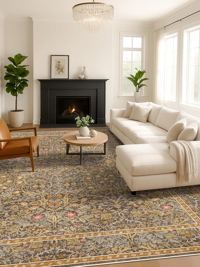 Vintage Floral Living Room Rug 8x10, Gold Brown Washable Area Rugs for Bedroom, Dining Room Under Kitchen Table, Oriental Low Pile Non-Slip Large Indoor Carpet with Taupe Yellow Earthy Tones