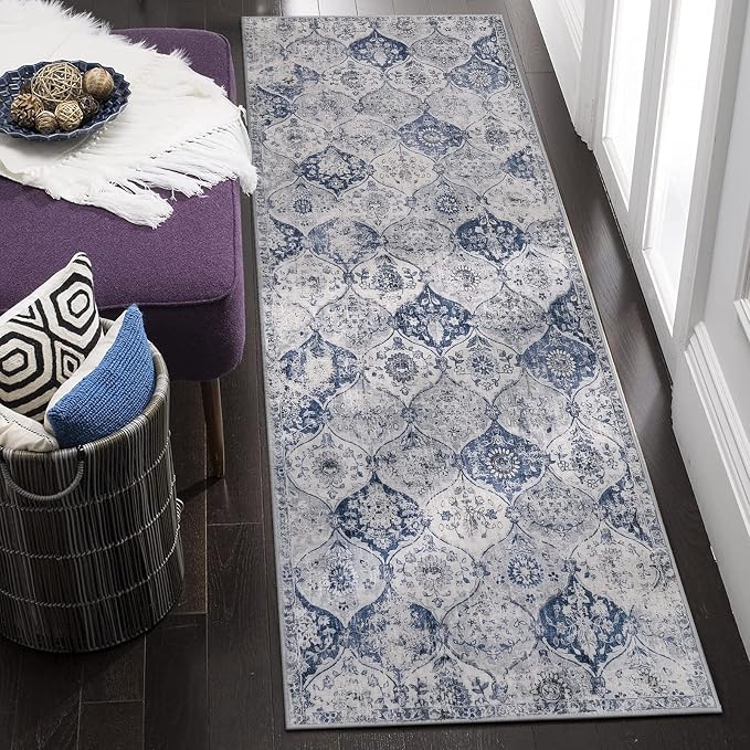 Lahome Moroccan Washable Runner Rug, 2x6 Blue Kitchen Runners for Hallways | Non Slip Trellis Vintage Laundry Room Ultra-Thin Carpet for Bathroom Bedroom Entryway Elise, White Royal Blue