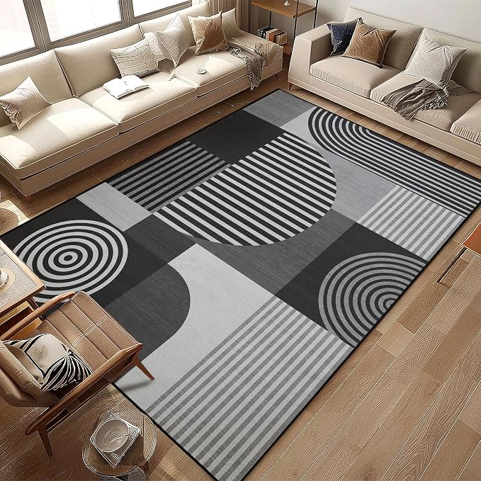 8x10 Area Rug for Living Room Grey Geometric Rug Machine Washable Black White Gray Minimalist Rugs Non Slip Low Pile Mid Century Modern Large Dining Room Indoor Floor Carpet for Bedroom Kitchen Office