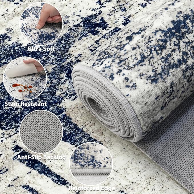 Tosuoka 9x12 Area Rugs for Living Room Abstract Washable Gray Blue Rug | With Anti-Slip Backing，Non-Shedding，Stain-Resistant，Soft Modern Large Carpet for Bedroom Dining Room Farmhouse Nursery