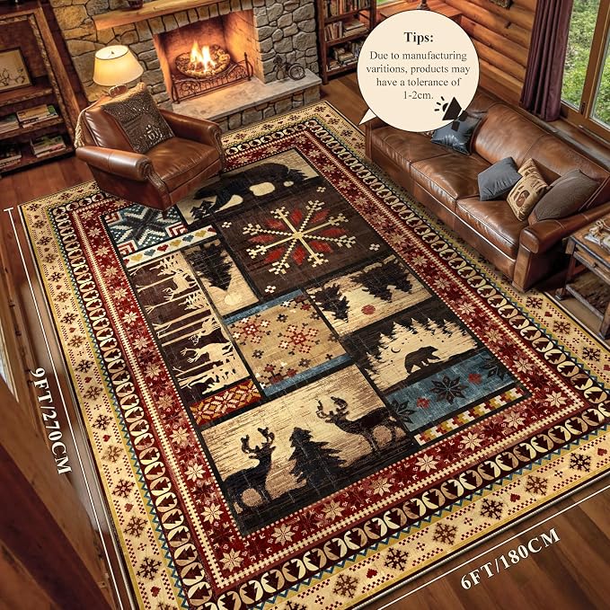 LOKHOM 6x9 Rustic Cabin Area Rug, Non-Slip Washable Western Lodge Bear Rug | Bear Pattern, Low Pile, Soft Vintage Wildlife Accent Floor Carpet, For Living Room Bedroom Entryway Nursery